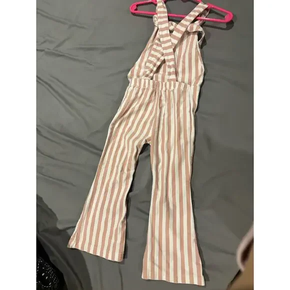 Girls Striped Beige White Sleeveless Jumpsuit 100% Cotton Size 110 - Picture 2 of 5
